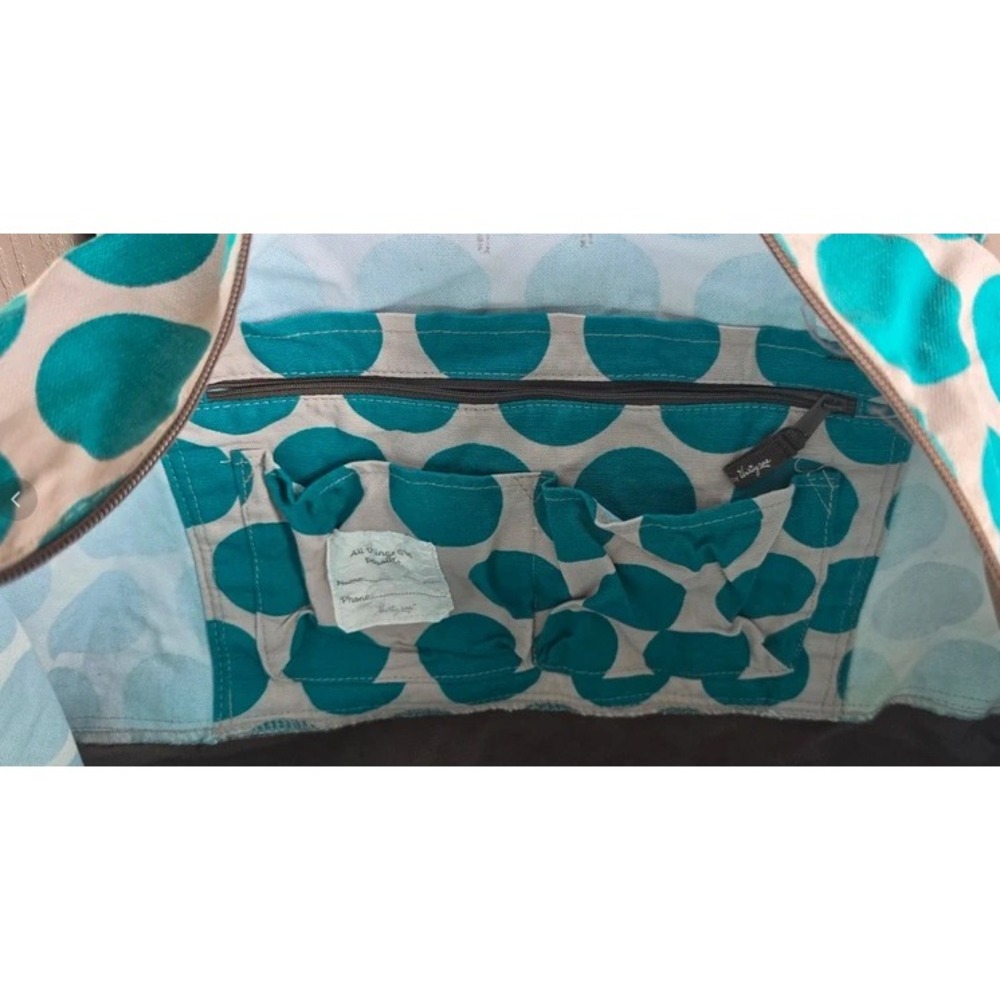 Thirty-One Canvas Tote Bag Womens Large Teal Polka Dot Brown Trim Zip Top - Picture 2 of 10